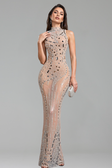 Crystal Embellished Sheer Halter Gown - LAROSABRIDE