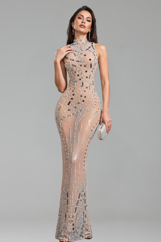 Crystal Embellished Sheer Halter Gown - LAROSABRIDE