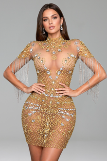 High Neck Embellished Fringe Mini Dress - LAROSABRIDE