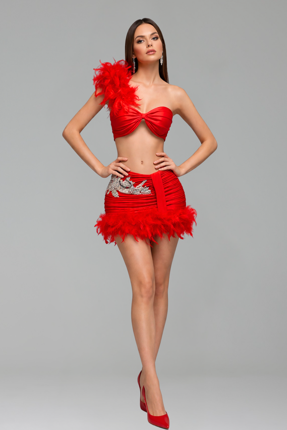 Red Feather Trim Two-Piece Mini Set - LAROSABRIDE