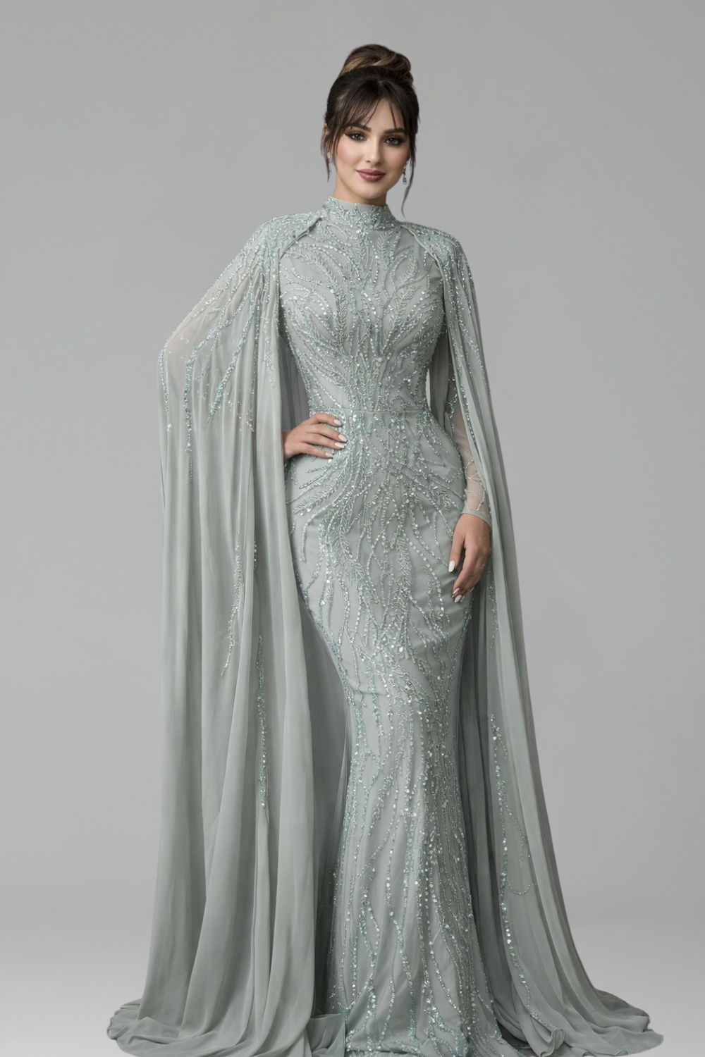 Beaded Satin Mermaid Cape Gown - LAROSABRIDE