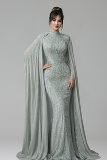 Beaded Satin Mermaid Cape Gown - LAROSABRIDE