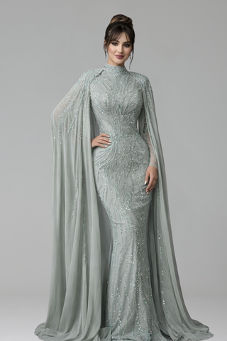 Beaded Satin Mermaid Cape Gown - LAROSABRIDE