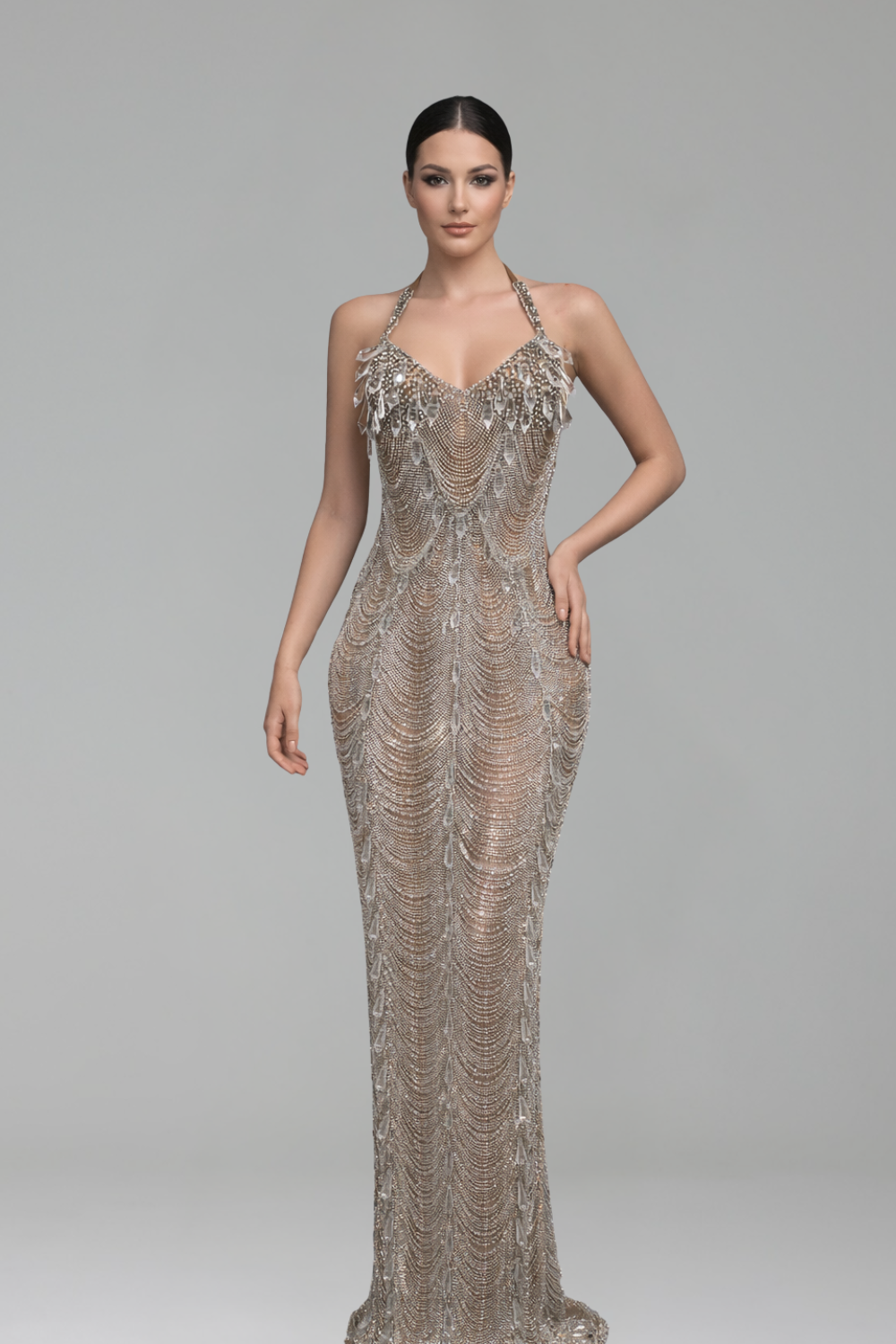 Beaded Halter Slim Evening Dress - LAROSABRIDE