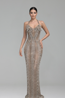 Beaded Halter Slim Evening Dress - LAROSABRIDE
