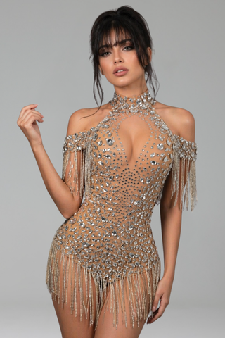 Crystal Fringe High-Neck Bodysuit - LAROSABRIDE