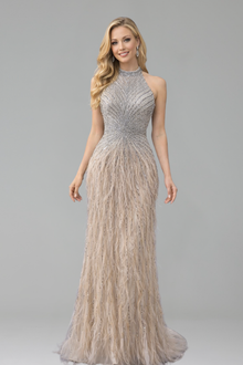 Feather Beaded Halter Mermaid Dress - LAROSABRIDE