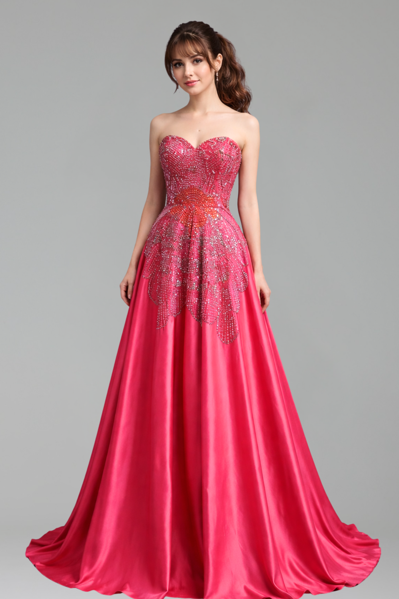 Pink A-Line Satin Beaded Evening Gown - LAROSABRIDE