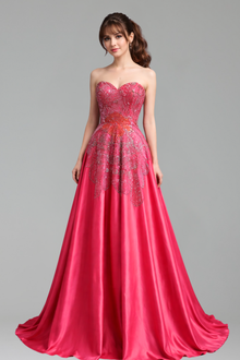 Pink A-Line Satin Beaded Evening Gown - LAROSABRIDE