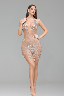 Sheer Nude Crystal Embellished Halter Mini Dress - LAROSABRIDE