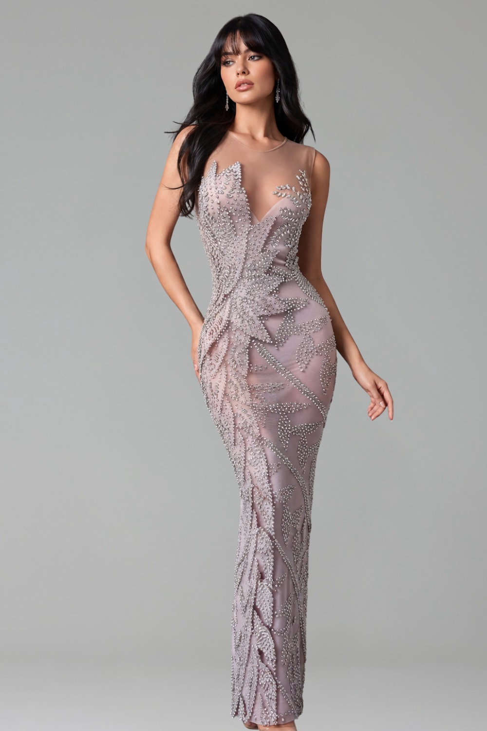 Illusion V-Neck Crystal Leaf Gown - LAROSABRIDE