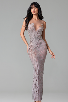 Illusion V-Neck Crystal Leaf Gown - LAROSABRIDE