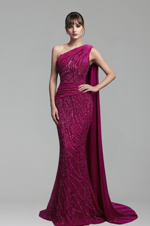 Beaded One Shoulder Mermaid Dress - LAROSABRIDE