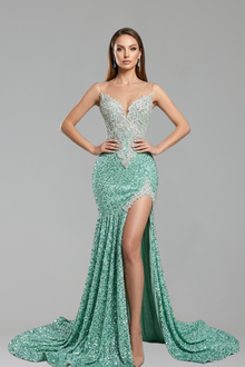 Beaded High Slit Mermaid Gown - LAROSABRIDE