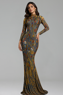 High-Neck Long-Sleeve Beaded Dress - LAROSABRIDE