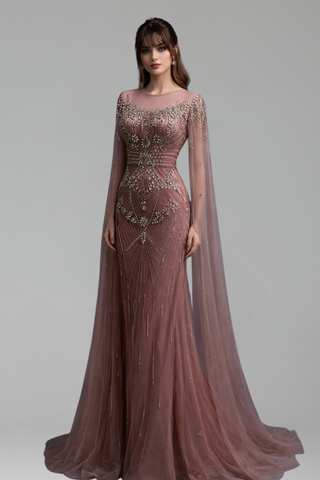 Pink Crystal Beaded Mermaid Evening Gown - LAROSABRIDE