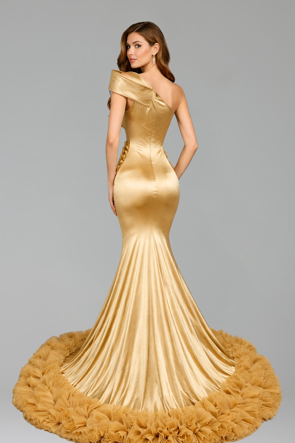 Floral One-Shoulder Ruffle Mermaid Gown - LAROSABRIDE