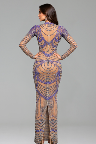 Beaded Illusion Mesh Column Gown