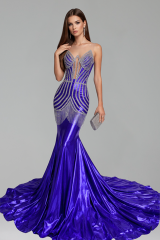 Beaded Fringe Illusion Mermaid Gown - LAROSABRIDE