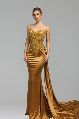 Illusion Beaded Satin Mermaid Gown - LAROSABRIDE