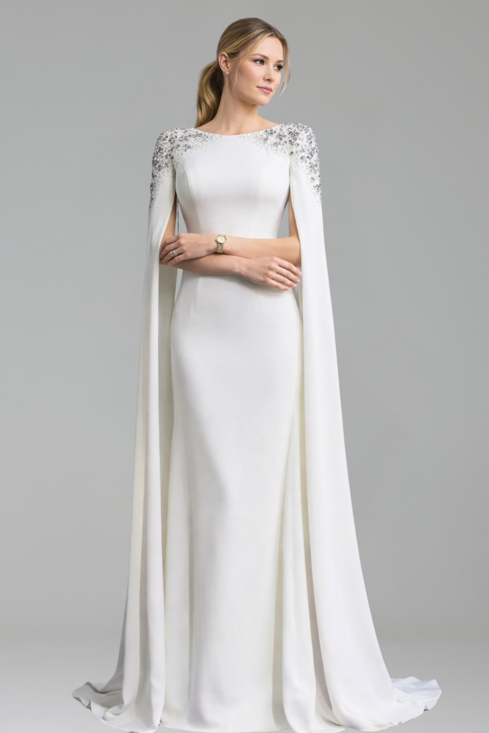 Satin Mermaid Cape Sleeve Dress - LAROSABRIDE