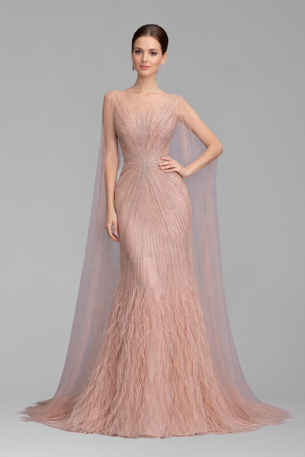 Feather Cape Sleeve Evening Dress - LAROSABRIDE
