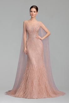 Feather Cape Sleeve Evening Dress - LAROSABRIDE