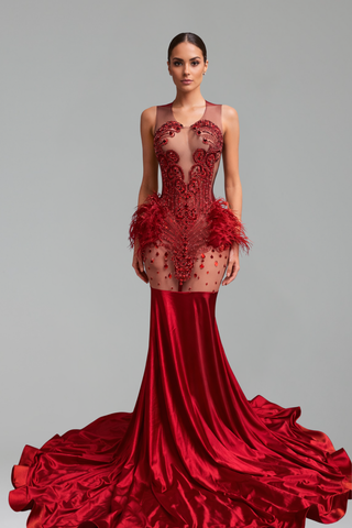 Illusion Feather Detail Mermaid Gown
