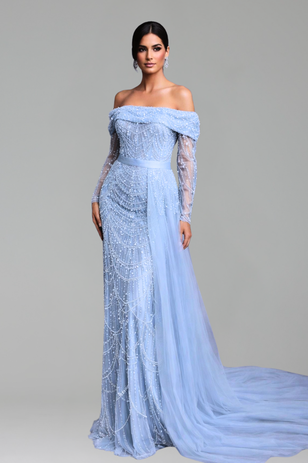 Boat Neck Mermaid Overskirt Dress - LAROSABRIDE