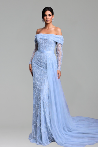 Boat Neck Mermaid Overskirt Dress - LAROSABRIDE