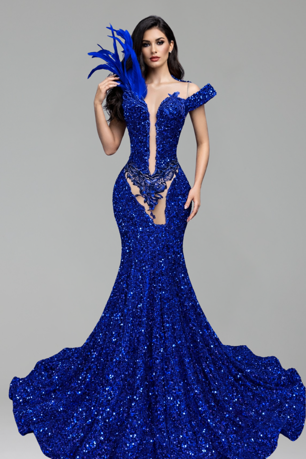 Sequin Feather Cutout Mermaid Dress - LAROSABRIDE