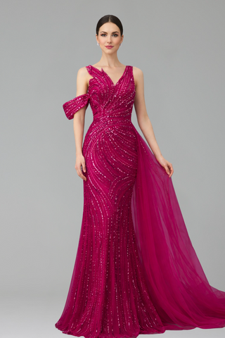 One Shoulder Beaded Mermaid Dress - LAROSABRIDE