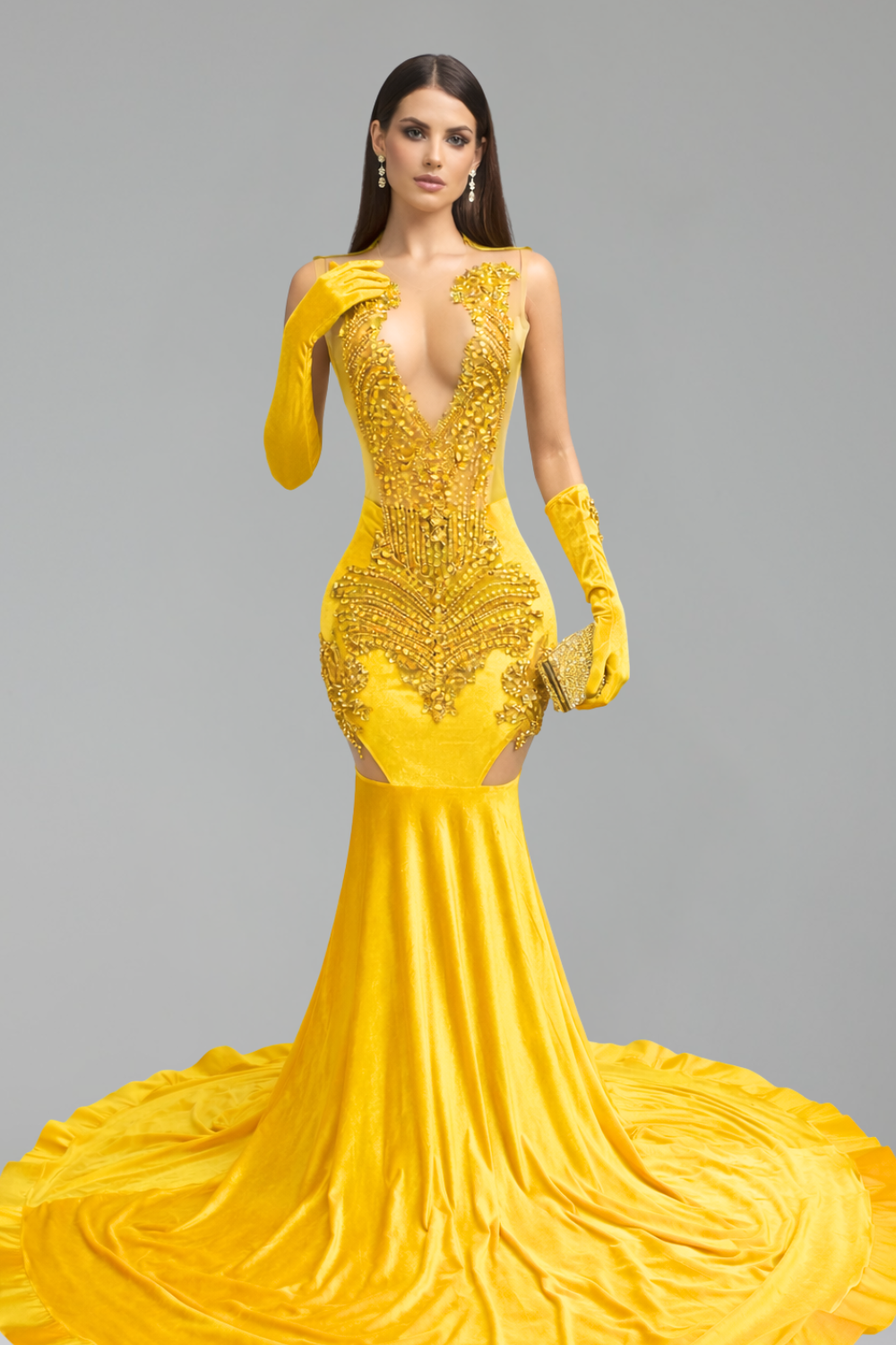 Embellished Deep V Cutout Mermaid Gown - LAROSABRIDE