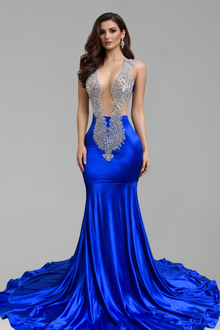 Illusion Plunge Satin Mermaid Gown - LAROSABRIDE