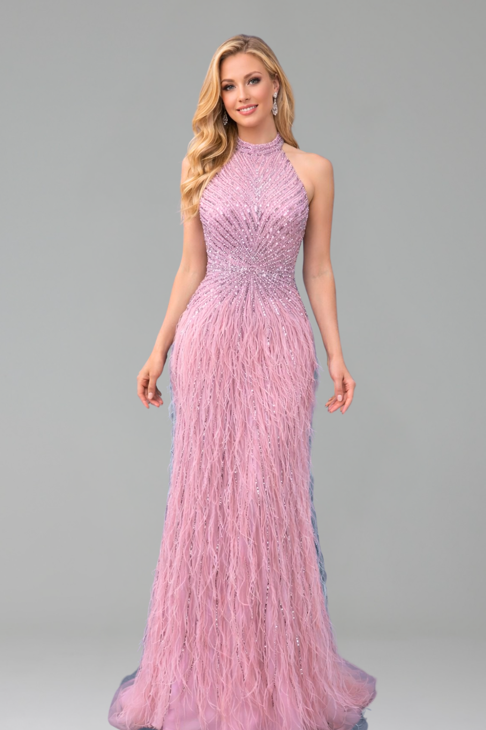 Feather Beaded Halter Mermaid Dress - LAROSABRIDE