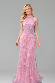 Feather Beaded Halter Mermaid Dress - LAROSABRIDE