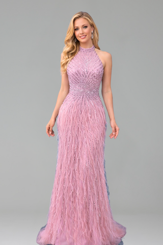 Feather Beaded Halter Mermaid Dress - LAROSABRIDE