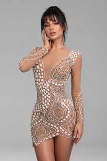 Deep-V Crystal Embellished Mini Dress - LAROSABRIDE