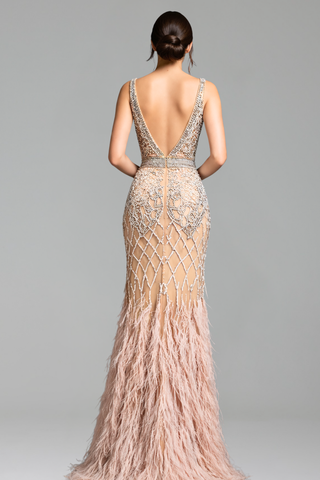 Feather Beaded Mermaid Gown - LAROSABRIDE
