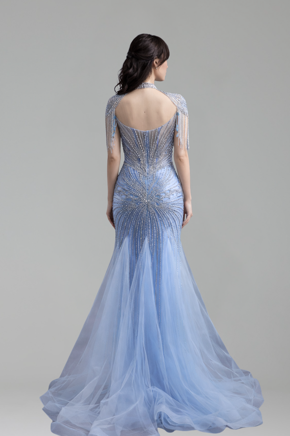 Beaded Dress with Tassel Cape - LAROSABRIDE