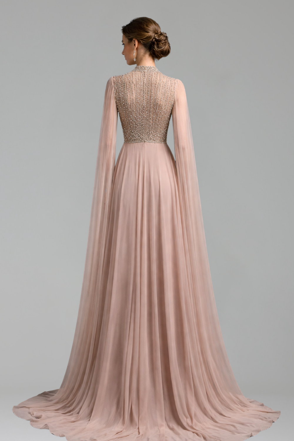 Nude Chiffon Dress with Beaded Cape Sleeves - LAROSABRIDE