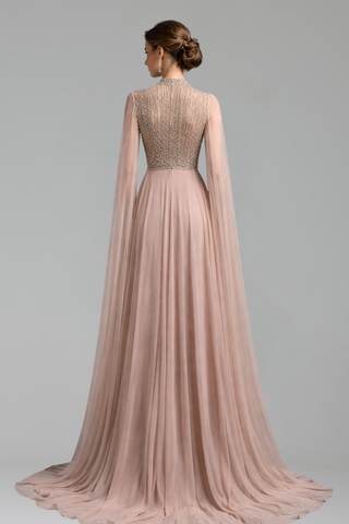 Nude Chiffon Dress with Beaded Cape Sleeves - LAROSABRIDE