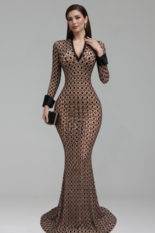 Geometric Embellished Long Sleeve Gown - LAROSABRIDE