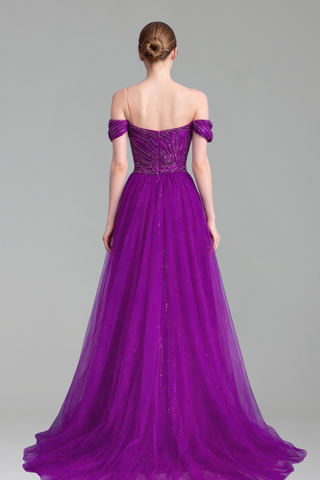 Boat Neck Beaded Split Gown - LAROSABRIDE