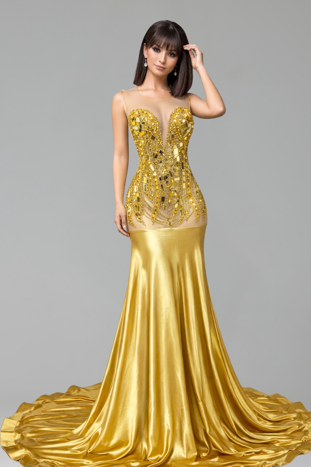 Crystal Embellished Sheer Bodice Gown - LAROSABRIDE