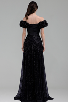 Off Shoulder Beaded Flower Sleeve Gown - LAROSABRIDE