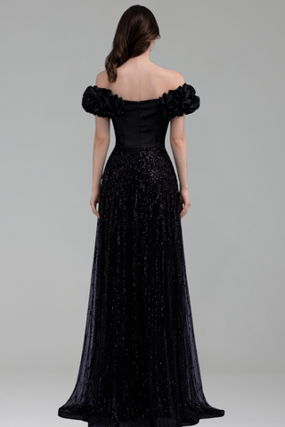 Off Shoulder Beaded Flower Sleeve Gown - LAROSABRIDE
