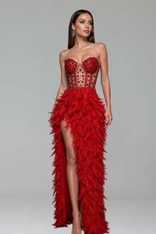 Strapless Embroidered Feather High-Slit Dress - LAROSABRIDE
