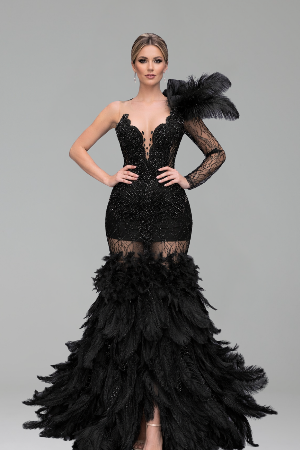 One-Shoulder Feathered Mermaid Gown - LAROSABRIDE