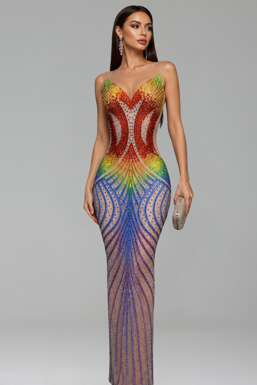Rainbow Crystal Illusion Sheath Gown - LAROSABRIDE